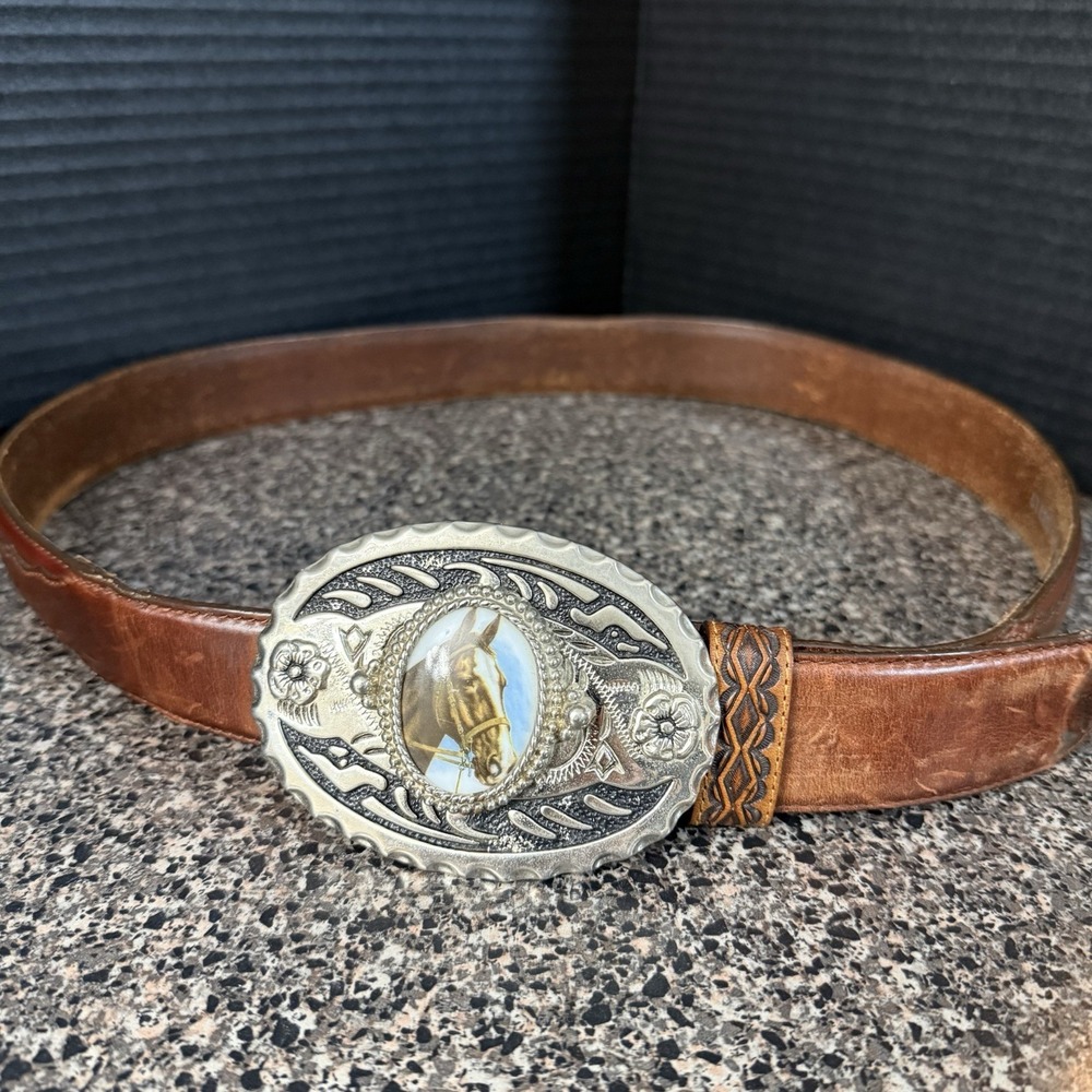 Silver Creek Classic Western Leather Belt Horse Buckle Men's Size 38‎ Brown